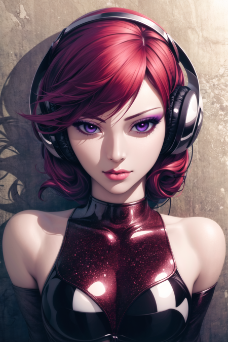 10072132-667688147-artgerm, masterpiece, best quality, 1girl, bare shoulders, headphones, lipstick, makeup, purple eyes, red hair, solo.png